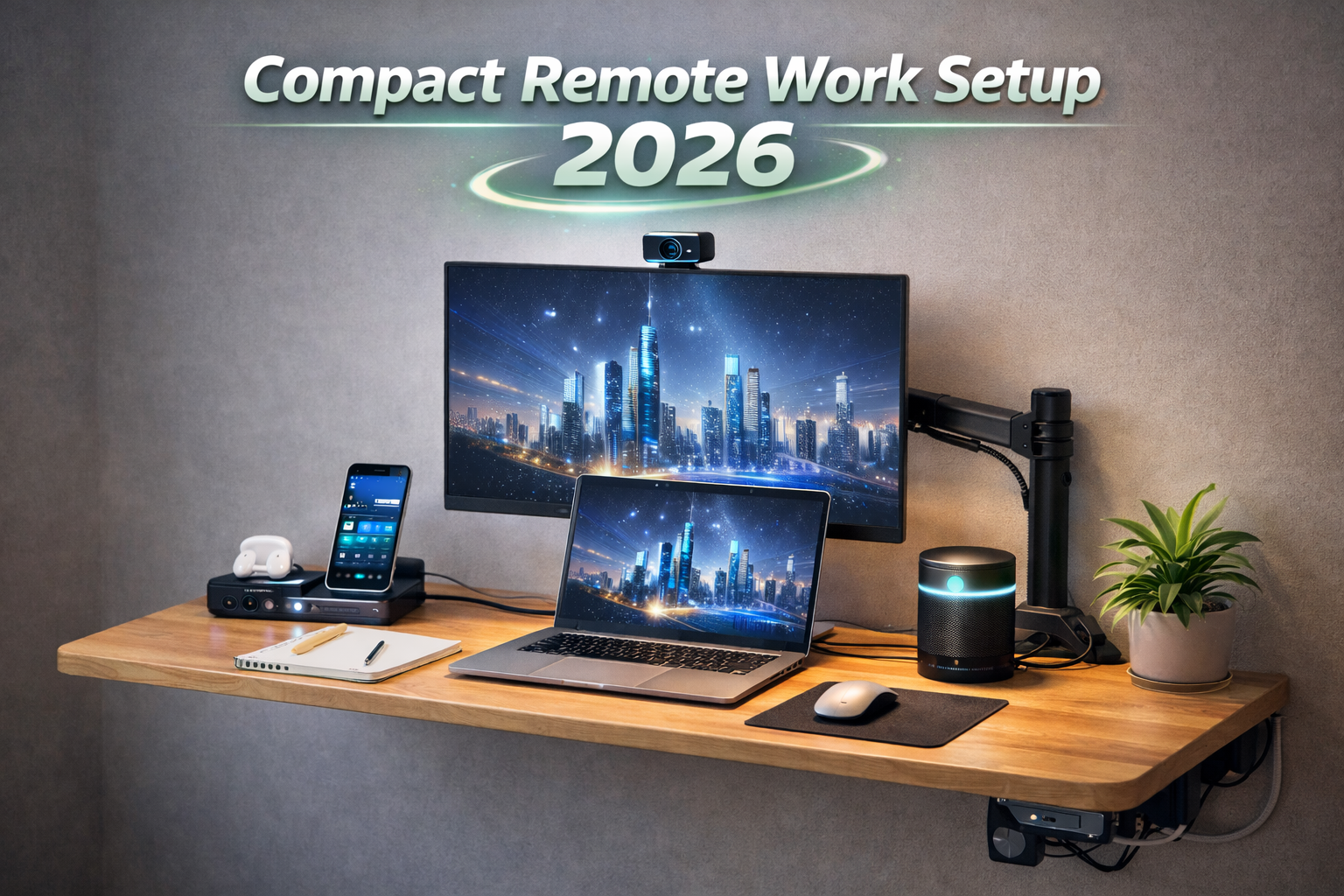 Compact workspace with a slim desk, monitor arm, and tidy cable setup